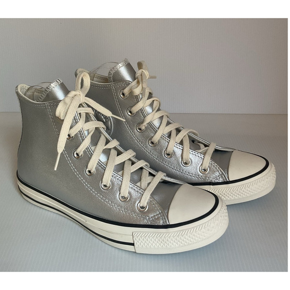 Converse All Star Chuck Taylor High & Low Top Sneakers Metallic Silver Leather 7 - Picture 1 of 11